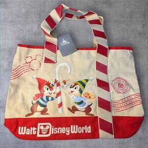 NEW Walt Disney World Tote Bag Chip And Dale Christmas Mickey Mouse‎ Candy Cane